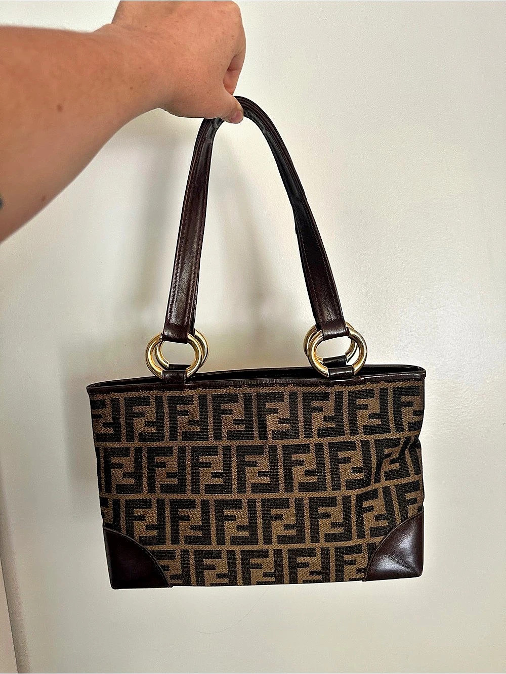 Fendi Zucca Canvas Ring Tote Shoulder Bag Brown & Black